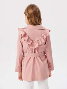 SHEIN Girls Ruffle Trim Button Front Belted Coat - Dusty Pink - View 2