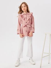SHEIN Girls Ruffle Trim Button Front Belted Coat - Dusty Pink - View 3