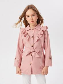 SHEIN Girls Ruffle Trim Button Front Belted Coat - Dusty Pink - View 4