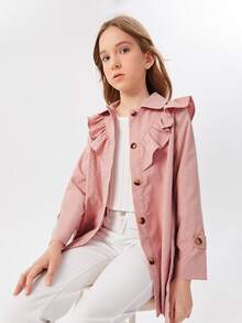 SHEIN Girls Ruffle Trim Button Front Belted Coat - Dusty Pink - View 5