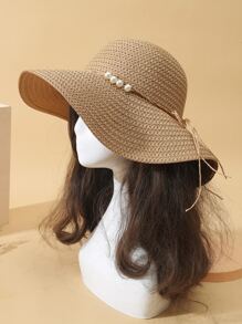 Sombrero de paja con perla artificial - Caqui - Ver 1
