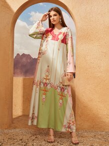 Al Najma Floral Print V Neck Dress - Multicolor - View 1