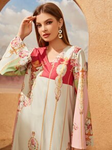 Al Najma Floral Print V Neck Dress - Multicolor - View 3