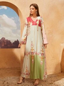 Al Najma Floral Print V Neck Dress - Multicolor - View 4