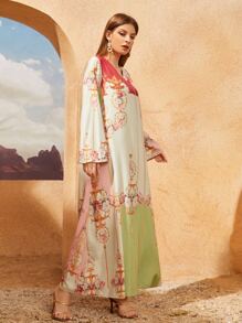 Al Najma Floral Print V Neck Dress - Multicolor - View 5