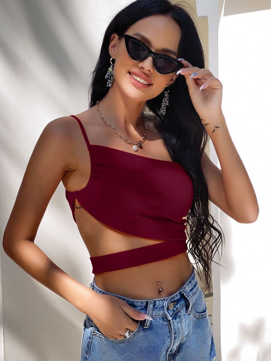 SHEIN VCAY Áo nữ Cắt ra Xù màu trơn Boho - Màu Đỏ Sâu - Xem 1