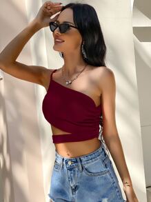 SHEIN VCAY Áo nữ Cắt ra Xù màu trơn Boho - Màu Đỏ Sâu - Xem 3