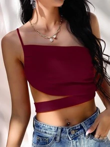 SHEIN VCAY Áo nữ Cắt ra Xù màu trơn Boho - Màu Đỏ Sâu - Xem 4