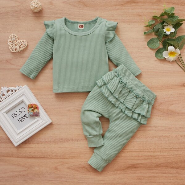 

Baby Girl Ruffle Trim Tee With Layered Pants, Mint green