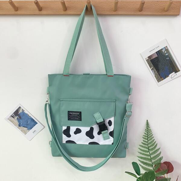 

Cow Print Buckle Decor Shoulder Tote Bag, Green