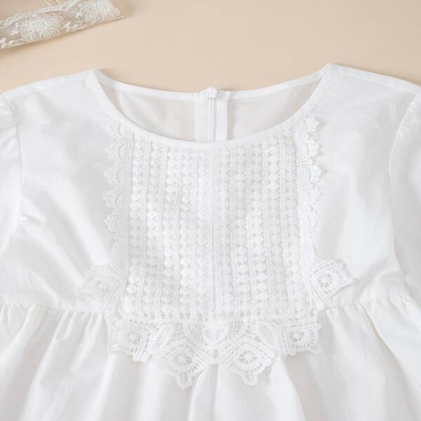 

Girls Contrast Guipure Lace Ruffle Hem A-line Dress, White