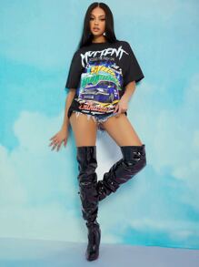 SHEIN SXY Letter & Car Print Tee - Black - View 6