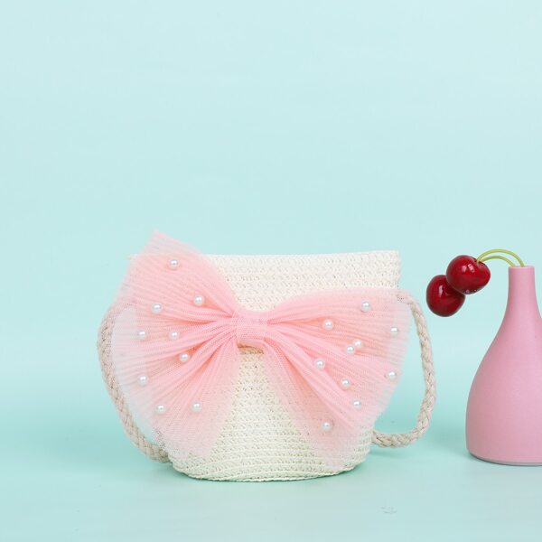 

Girls Bow Decor Straw Design Crossbody Bag, Beige