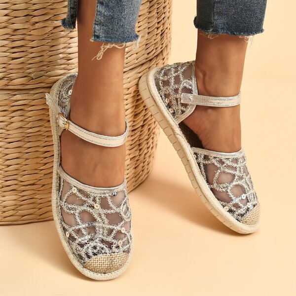 

Mesh Panel Sequin Decor Flats, Silver
