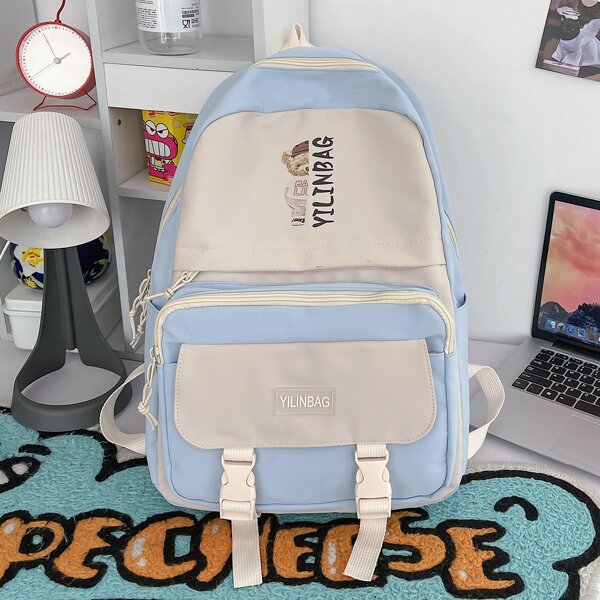 

Letter Graphic Buckle Decor Functional Backpack, Blue and white