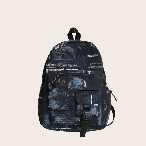

Letter Graphic Buckle Decor Functional Backpack, Black