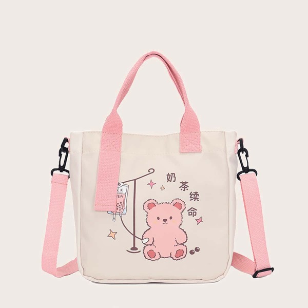 

Cartoon Graphic Satchel Bag, Beige