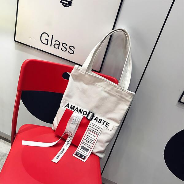 

Letter Graphic Tag Decor Tote Bag, White