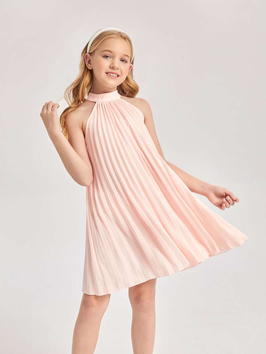 SHEIN Girls Keyhole Back Pleated Dress - Baby Pink - View 1