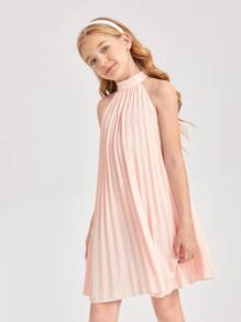 SHEIN Girls Keyhole Back Pleated Dress - Baby Pink - View 3