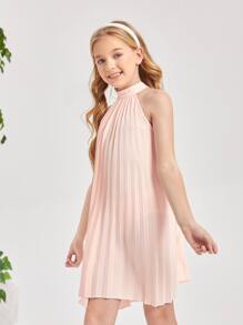 SHEIN Girls Keyhole Back Pleated Dress - Baby Pink - View 4