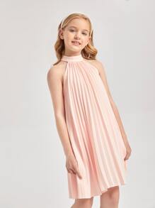 SHEIN Girls Keyhole Back Pleated Dress - Baby Pink - View 5