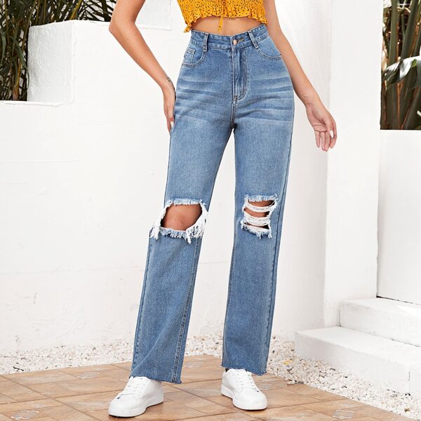 

High Waist Ripped Raw Hem Jeans, Light wash