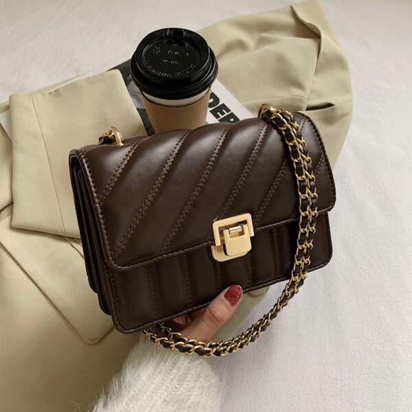 

Minimalist Quilted Metal Lock Chain Square Bag, Coffee brown