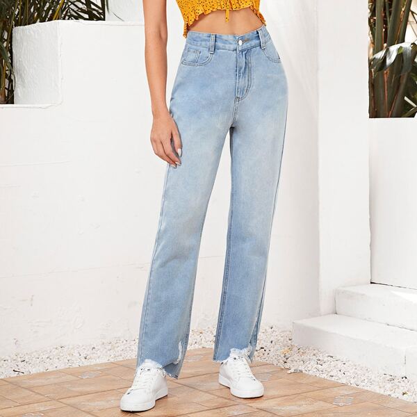

High Waist Ripped Frayed Hem Jeans, Light wash