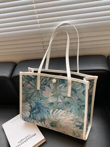 1 件纯色面料休闲简约植物花卉撞色饰边大容量开顶单肩托特包，适合女性日常通勤、购物，可容纳手机、钱包、口红、钥匙、纸巾、时尚配饰 - 藍色 - 查看 1