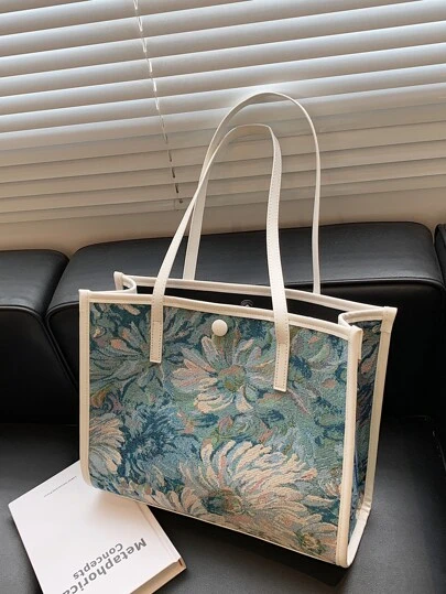 1 件纯色面料休闲简约植物花卉撞色饰边大容量开顶单肩托特包，适合女性日常通勤、购物，可容纳手机、钱包、口红、钥匙、纸巾、时尚配饰