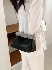 Sequin Decor Handle Chain Satchel Bag, Daily commuting use travel vacation out of the street black zipper metal chain Glitter handle PU material Glitter handle metal chain - Black - View 2