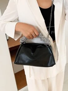 Sequin Decor Handle Chain Satchel Bag, Daily commuting use travel vacation out of the street black zipper metal chain Glitter handle PU material Glitter handle metal chain - Black - View 3