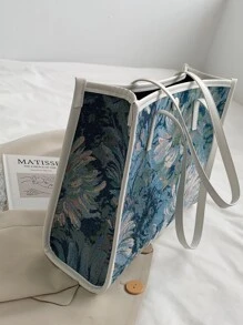 1 件纯色面料休闲简约植物花卉撞色饰边大容量开顶单肩托特包，适合女性日常通勤、购物，可容纳手机、钱包、口红、钥匙、纸巾、时尚配饰 - 藍色 - 查看 6