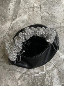 Sequin Decor Handle Chain Satchel Bag, Daily commuting use travel vacation out of the street black zipper metal chain Glitter handle PU material Glitter handle metal chain - Black - View 5