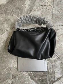 Sequin Decor Handle Chain Satchel Bag, Daily commuting use travel vacation out of the street black zipper metal chain Glitter handle PU material Glitter handle metal chain - Black - View 6