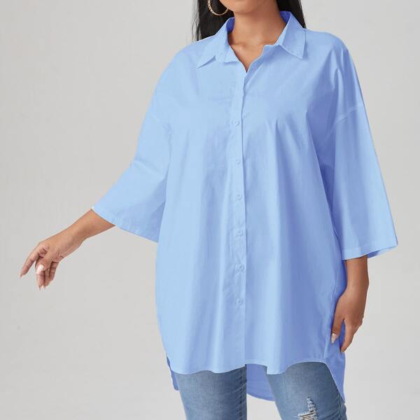 

Plus Solid Button Front Blouse, Blue