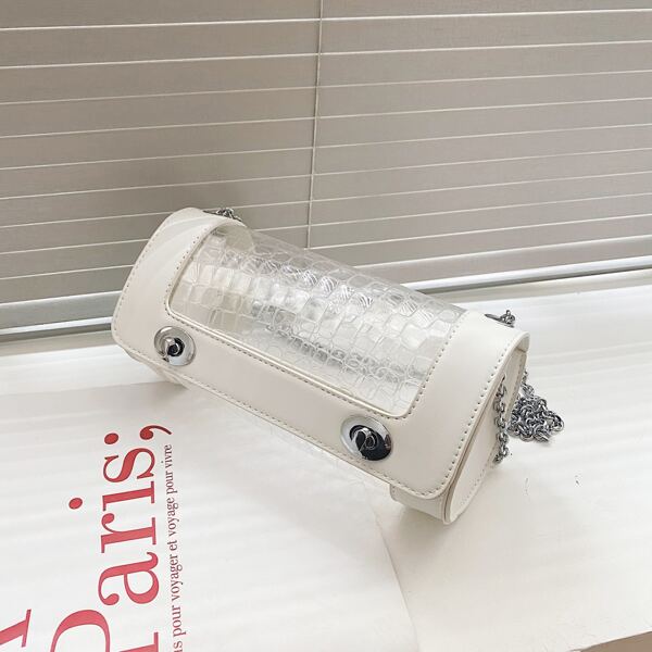 

Clear Twist Lock Chain Bucket Bag, White