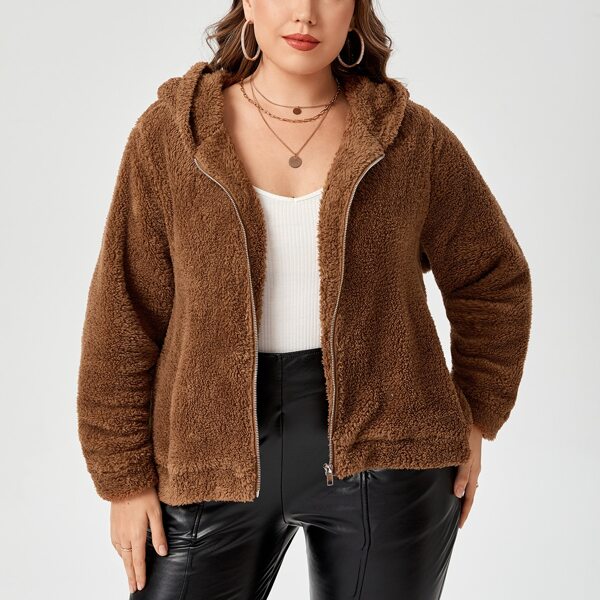 

Plus Zip Up Hooded Teddy Jacket, Coffee brown