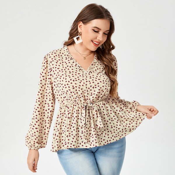 

Plus Ditsy Floral Knot Front Frill Trim Peplum Hem Blouse, Apricot