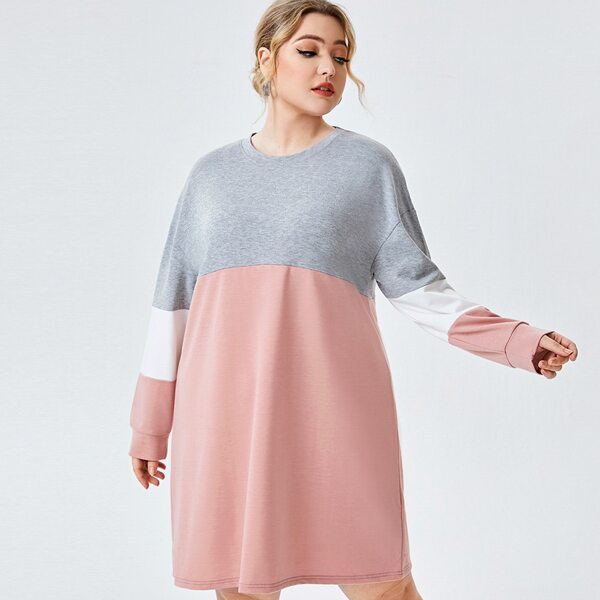 

Plus Color Block Drop Shoulder Sweatshirt Dress, Pink