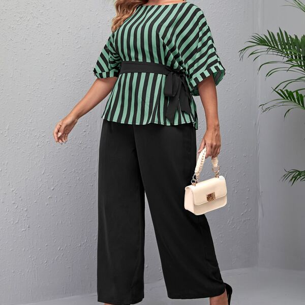

Plus Stripe Knot Side Top & Wide Leg Pants, Multicolor