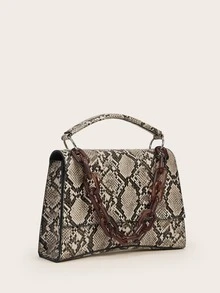 Chain Decor Snakeskin Satchel Bag - Brown - View 5