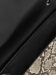 Chain Decor Snakeskin Satchel Bag - Brown - View 3