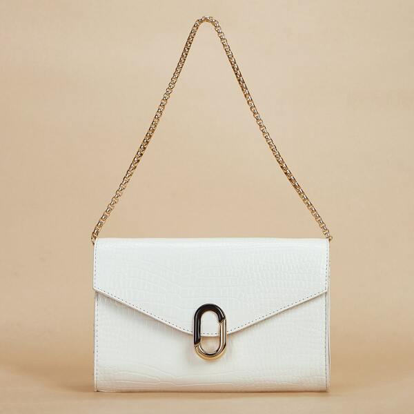 

Croc Embossed Flap Chain Shoulder Bag, White