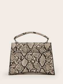 Chain Decor Snakeskin Satchel Bag - Brown - View 4