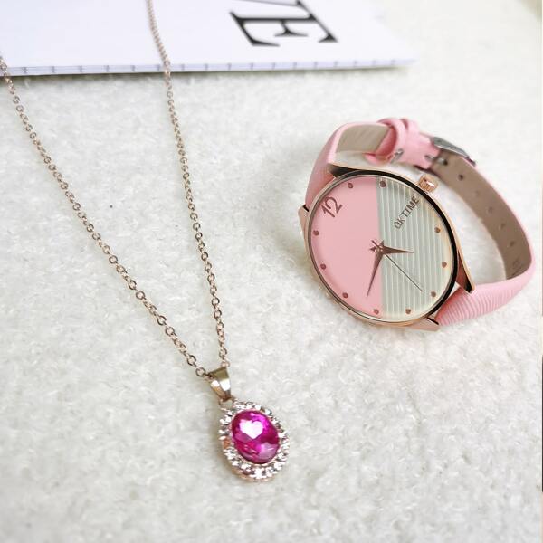 

1pc Two Tone Dial Quartz Watch & 1pc Necklace