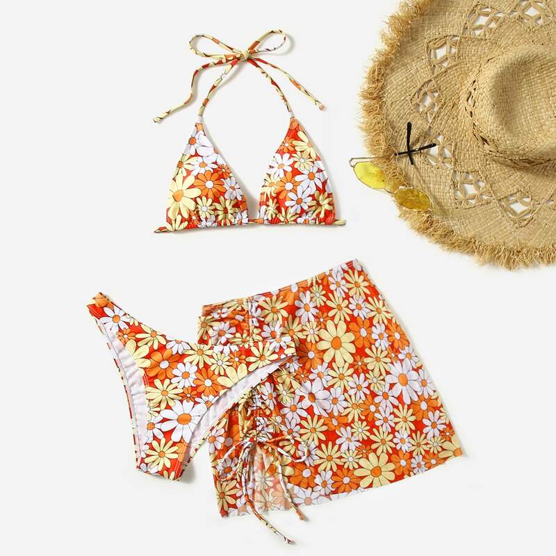 

3pack Floral Triangle Halter Bikini Swimsuit & Beach Skirt, Multicolor