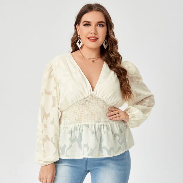 

Plus Plunging Neck Bishop Sleeve Shirred Peplum Blouse, Beige