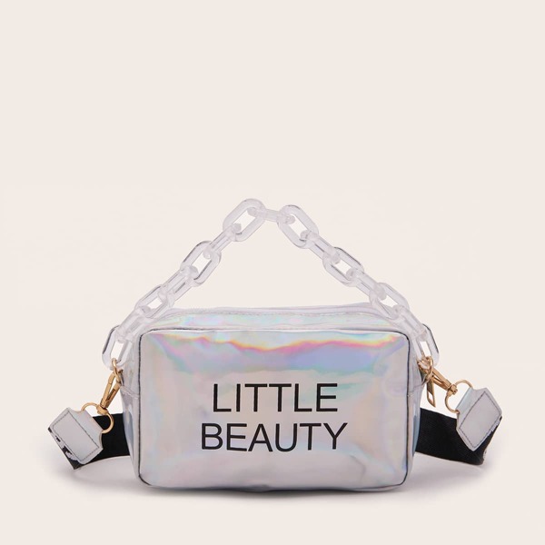 

Holographic Letter Graphic Satchel Bag, Silver